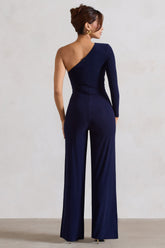 Navy One Shoulder Ruched Wide Leg Jumpsuit